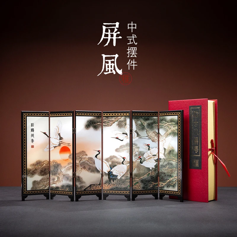 中国风创意复古漆器迷你屏风摆件新中式家居桌面装饰品送老外礼品