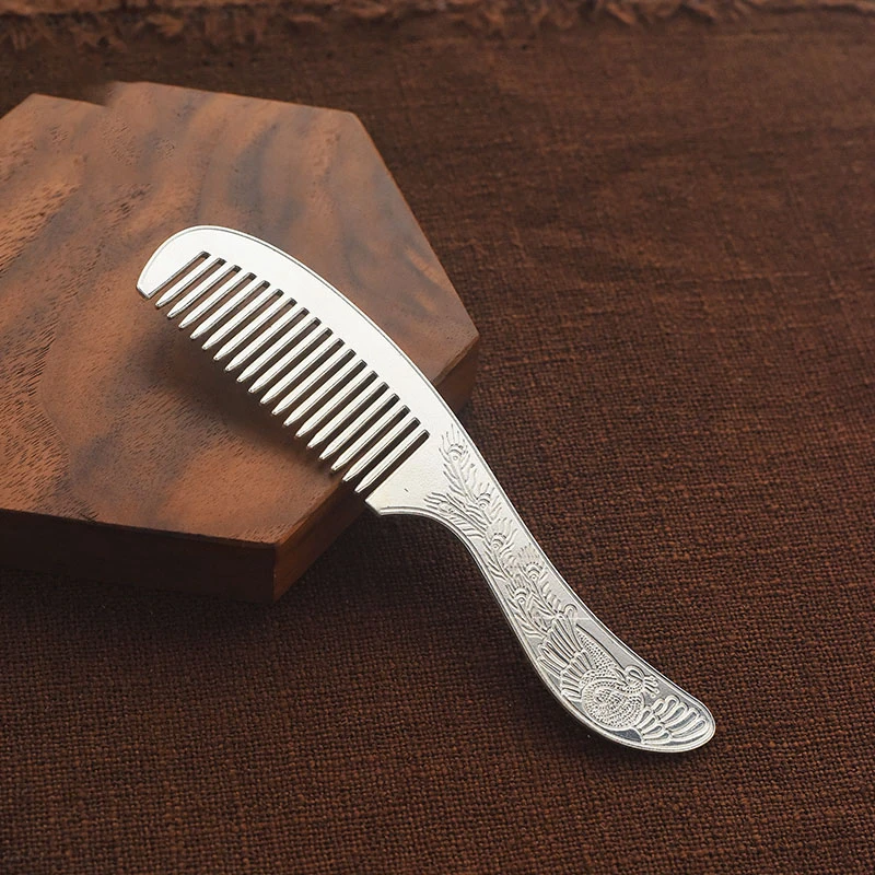 纯银银制品 老凤凰和纯银凤凰吉象长柄银梳子银饰送长辈送妈妈奶
