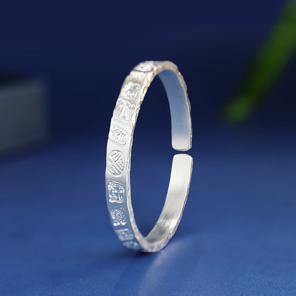 老凤凰吉言福字古法银手镯足银9999年轻款开口复古手工锤纹实心银