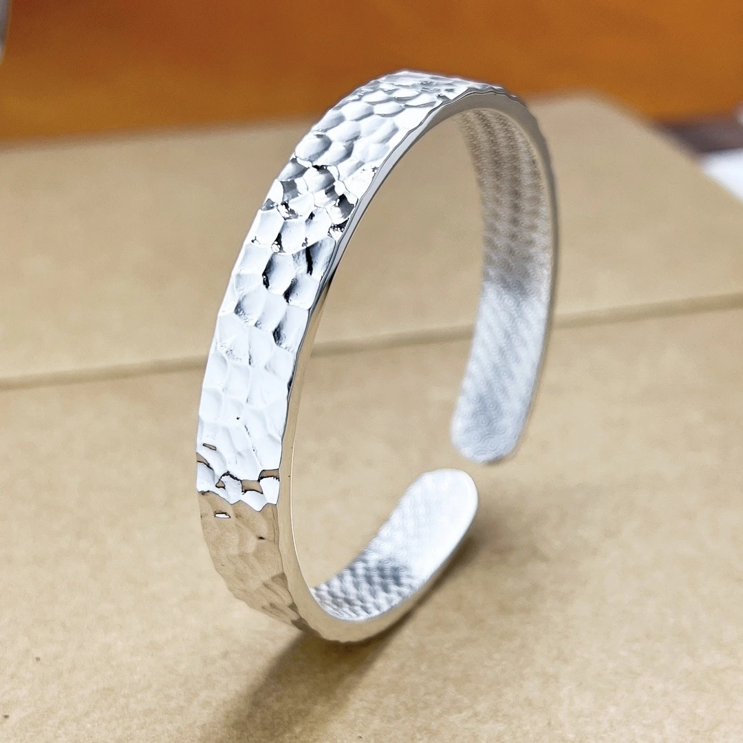 老凤凰足银999.9 手工锤纹手镯复古做旧宽面锤纹开口镯子纯银男大