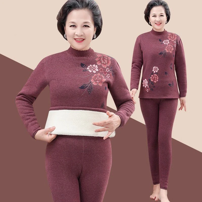 中老年保暖内衣女士加绒加厚妈妈秋衣秋裤老人高档保暖衣套装冬季