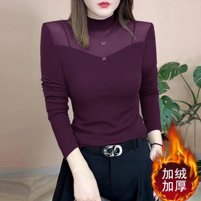 半高领网纱加绒打底衫女内搭秋冬2025新款长袖t恤洋气小衫上衣女
