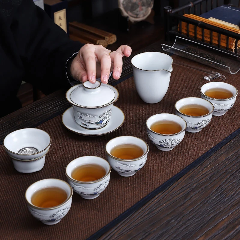 月白汝窑功夫茶具茶具套装家用高档陶瓷办公室泡茶器可养开片山水