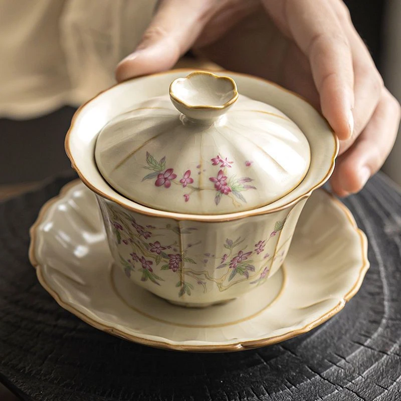 汝窑三才盖碗茶杯中式大号家用带盖泡茶碗不烫手单个女士功夫茶具