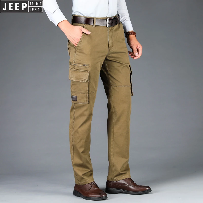 JEEPSPIRIT秋冬厚款男士工装裤男士多兜裤松紧腰男士休闲裤户外