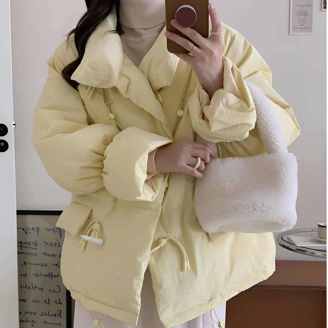 2025韩版新款马卡龙学生白鸭绒羽绒服女短款宽松牛角扣外套女冬