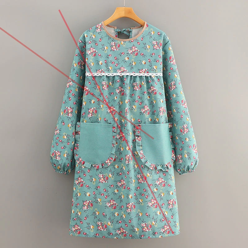 时尚透气帆布罩衣干活卡通长袖围裙上班耐磨厨房防污大人女反穿衣