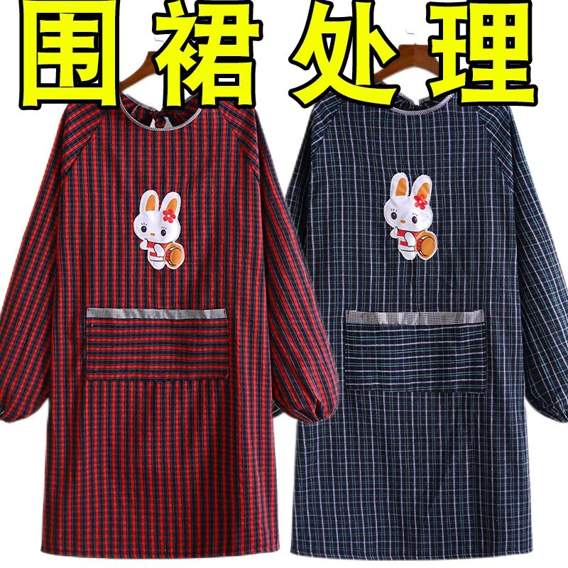 老粗布长袖围裙干活穿厨房家用防油反穿罩衣女外穿防污工作服清洁