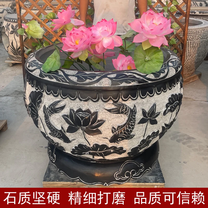 石雕鱼缸花盆青石仿古石缸庭院养鱼水缸荷花石盆室内造景石头摆件