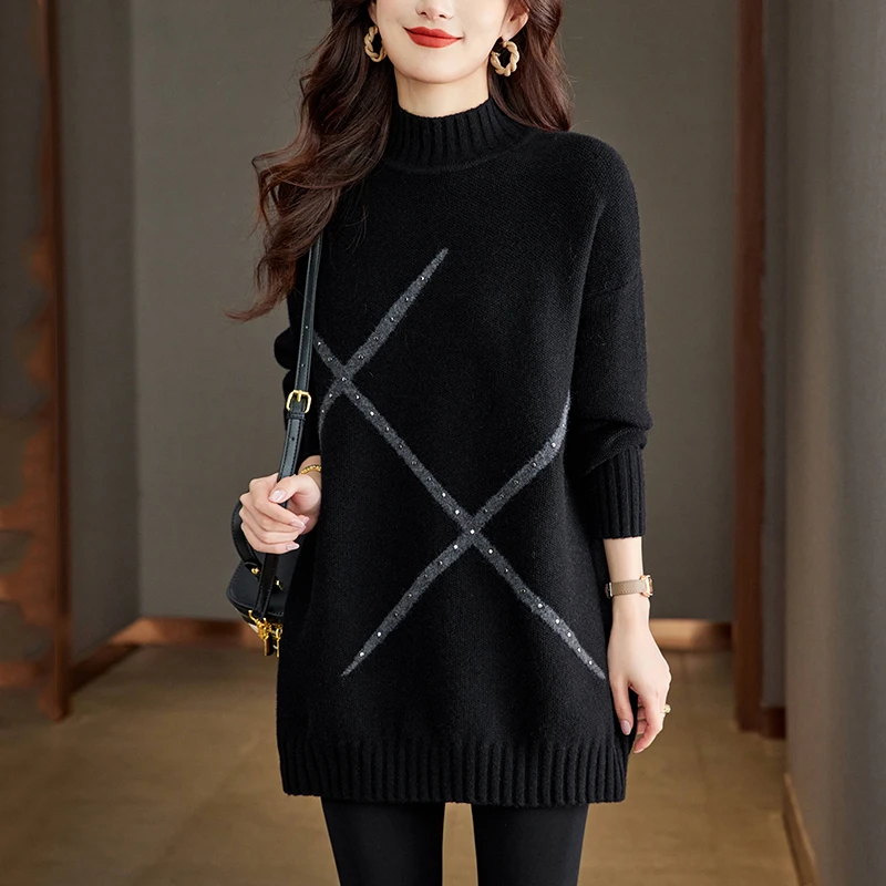 大码女装宽松中长款遮屁股毛衣打底衫胖mm秋冬显瘦内搭针织衫上衣