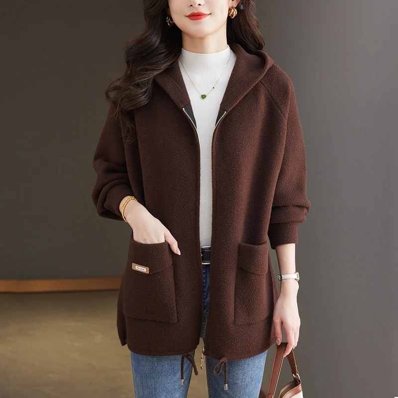 加大码女装秋冬中长款毛呢外套韩版休闲连帽大衣胖mm宽松开衫外搭