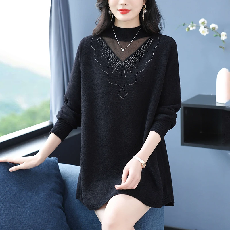 大码胖妈妈中长款毛衣女洋气黑色打底衫加肥200斤宽松针织羊毛衫