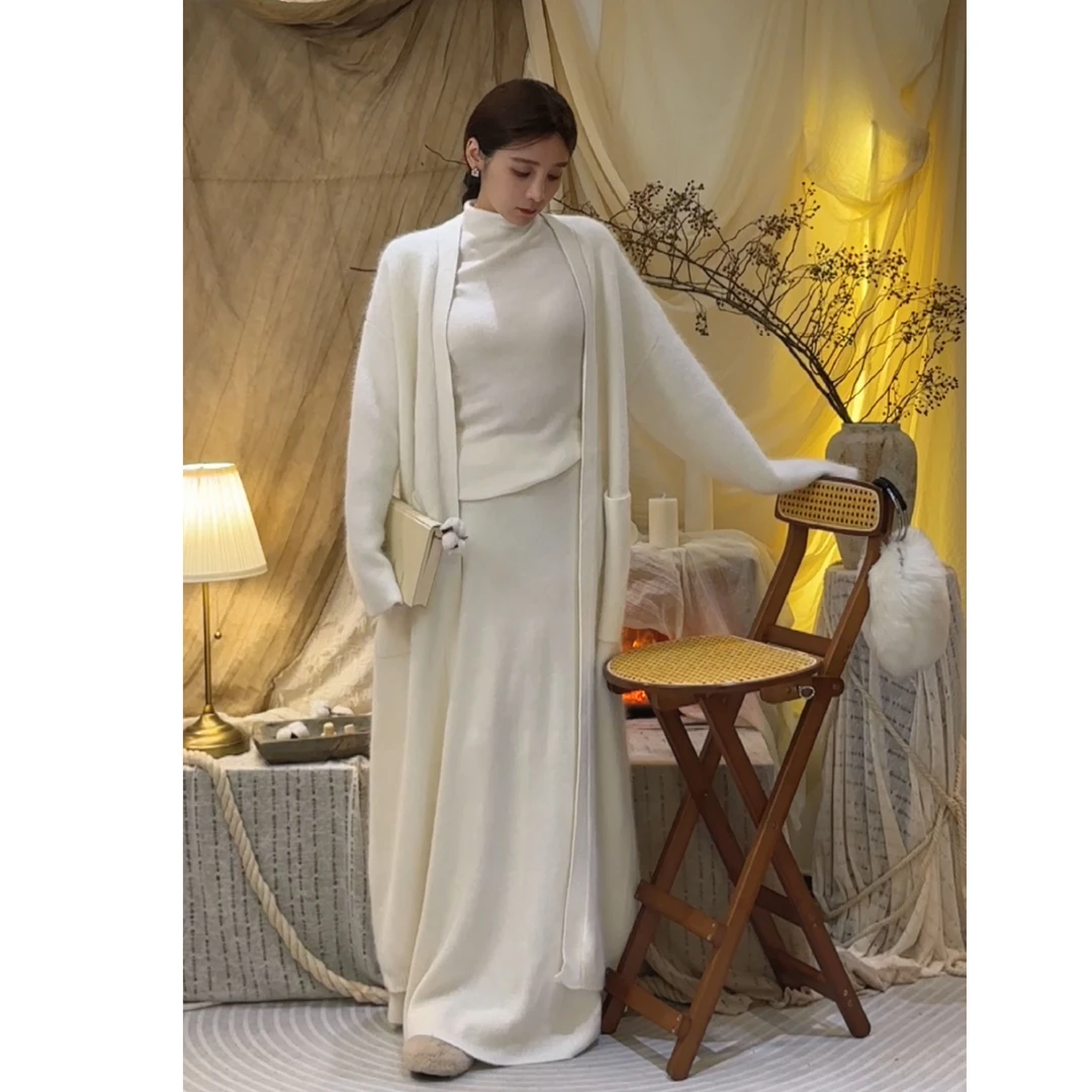 Zyi纯色兔毛毛织长开衫外搭上衣秋季秋冬