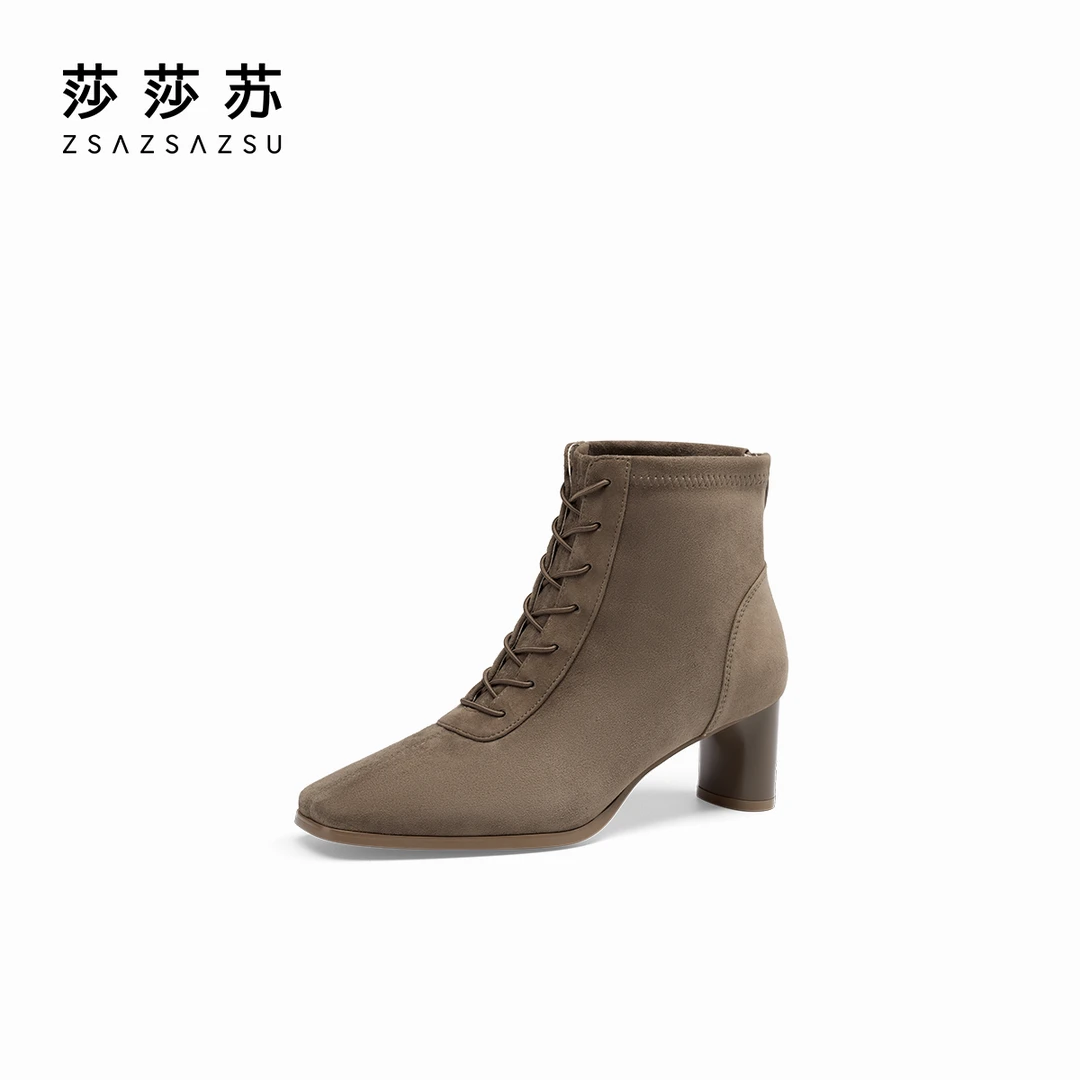[庄园风华]莎莎苏2024年秋冬新款方头雅丹风系带弹力靴ZA54715-10