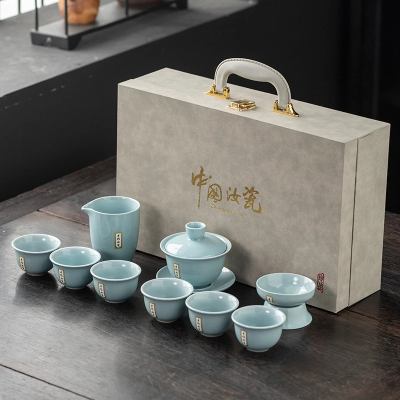 高档水杯10头汝窑功夫茶具套装整套精品陶瓷全套礼品伴手礼耐高温