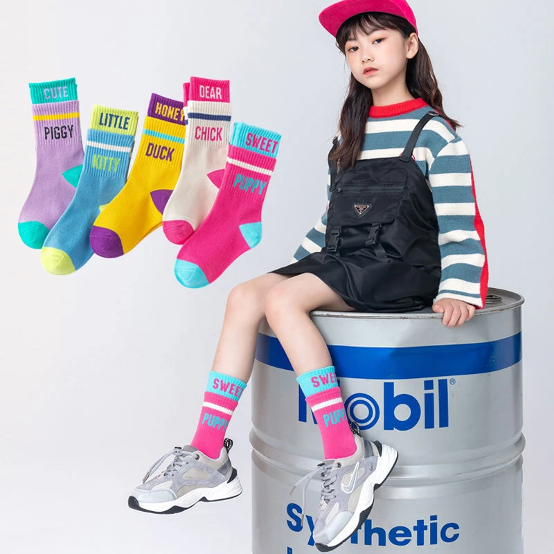 儿童袜子春秋款女生中筒袜字母运动袜透气防臭3-12岁女孩A类棉冬