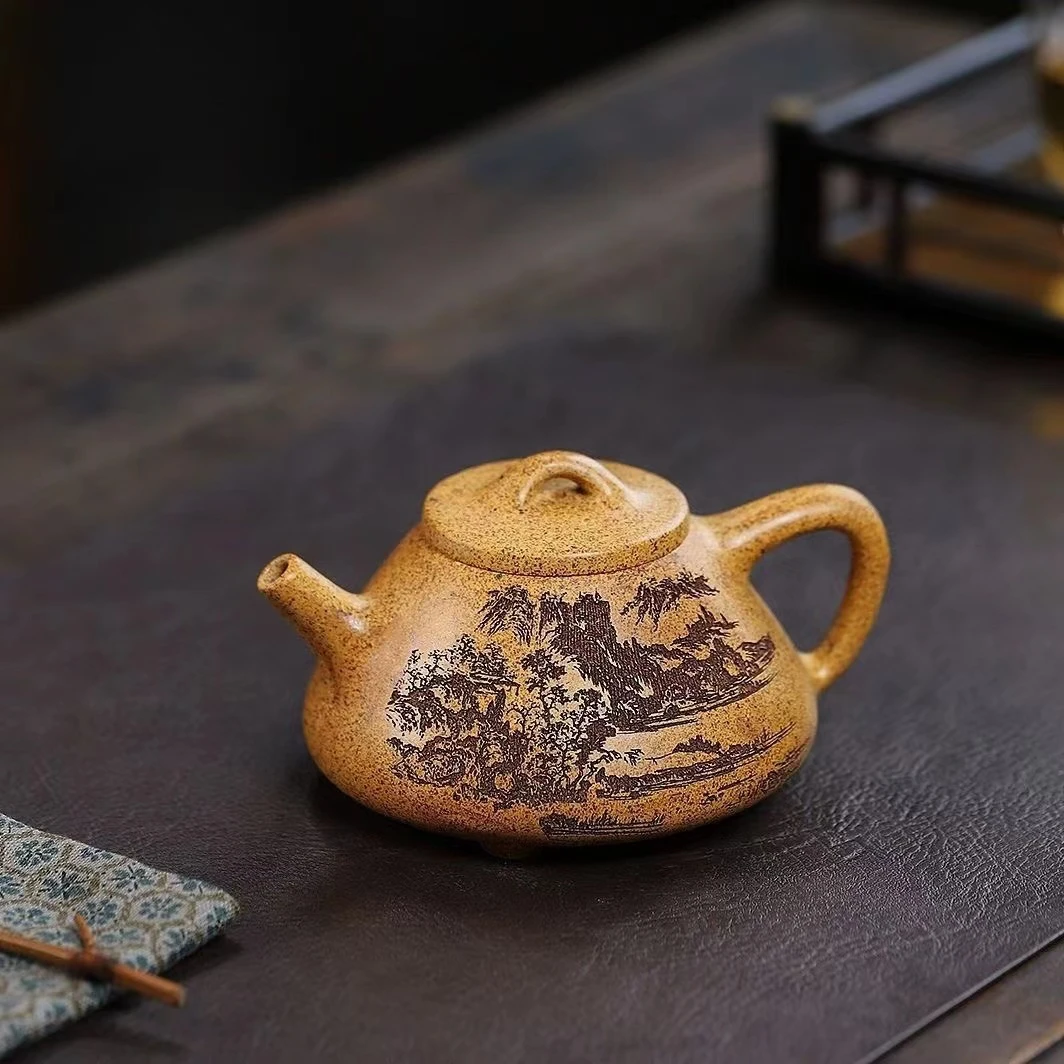宜兴紫砂壶原矿高温柴烧手制龙骨金砂泥子冶石瓢壶-250毫升