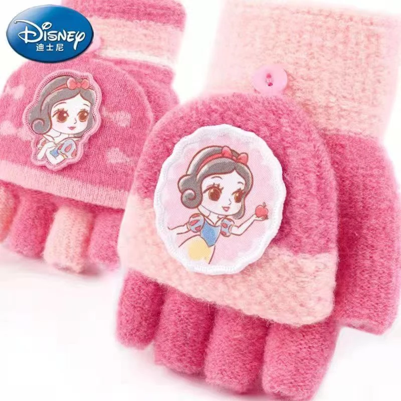 白雪公主儿童手套女孩卡通可爱秋冬防寒保暖半包分指翻盖加厚手套