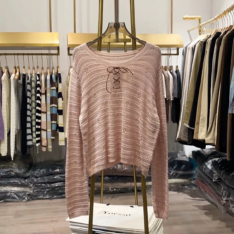 秋季交叉绑带韩系时尚宽松系带纯色打底针织衫5662