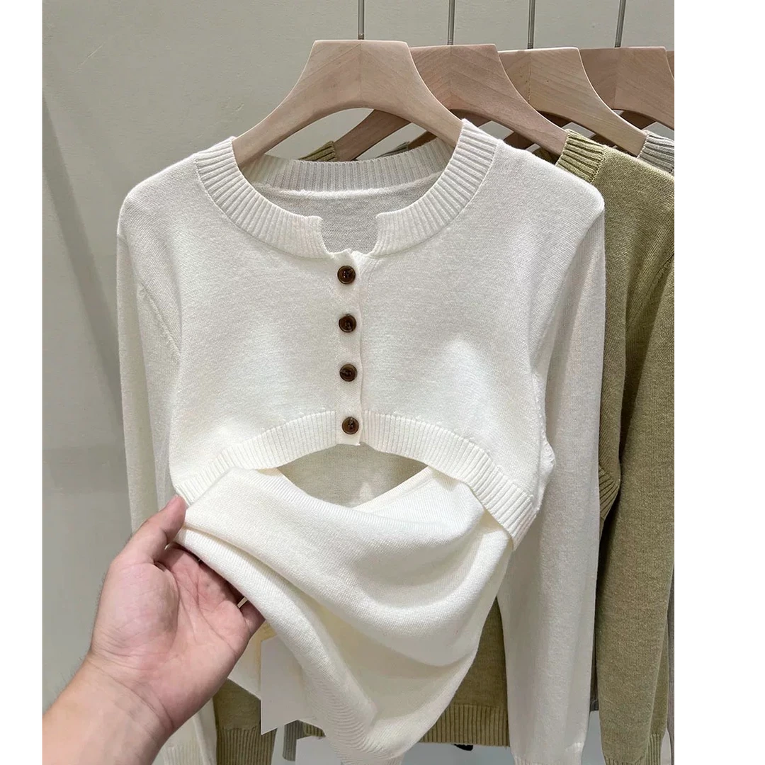 纯色拼接设计镂空百搭打底针织衫