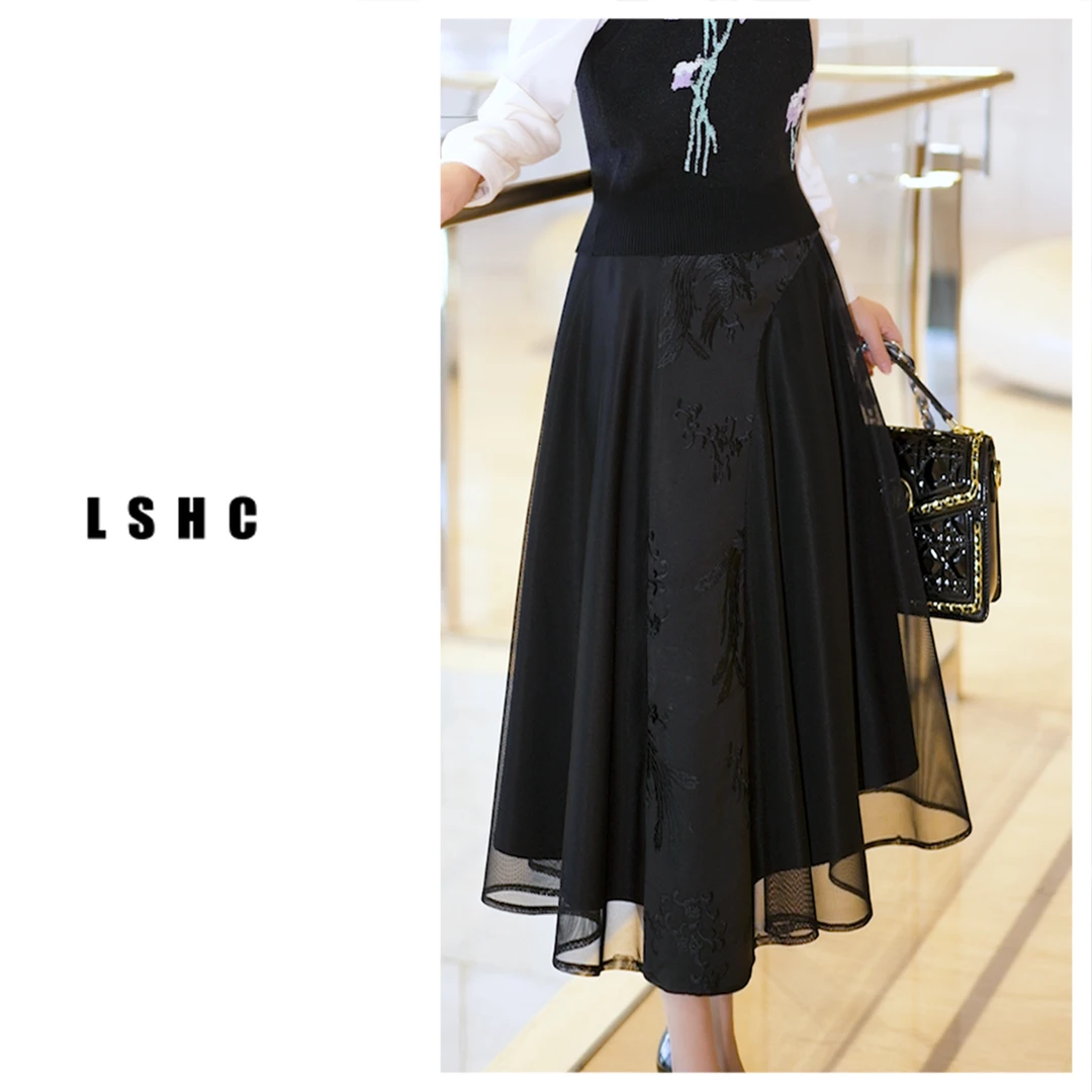 新款/时尚百搭轻奢显瘦气质黑色提花半身裙【2218】中长女款大摆裙