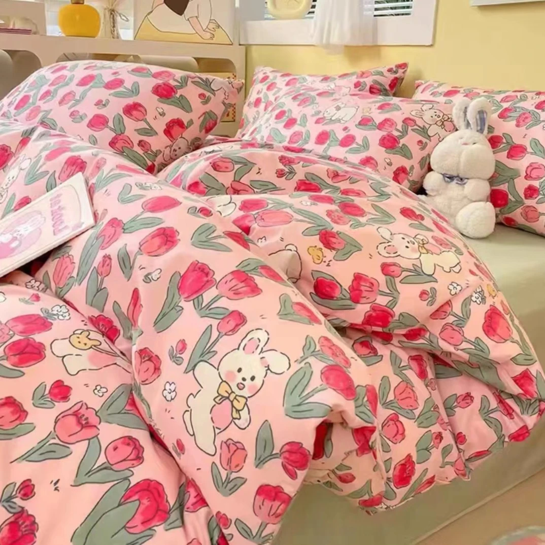 【【郁金香】100%纯棉全棉斜纹被套床单布料四件套少女心单人韩式被