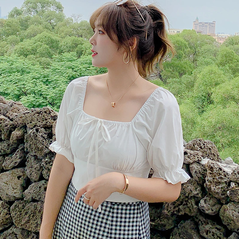 夏季新款微胖mm法式一字领短款上衣女泡泡袖显瘦减龄遮肚衬衫女