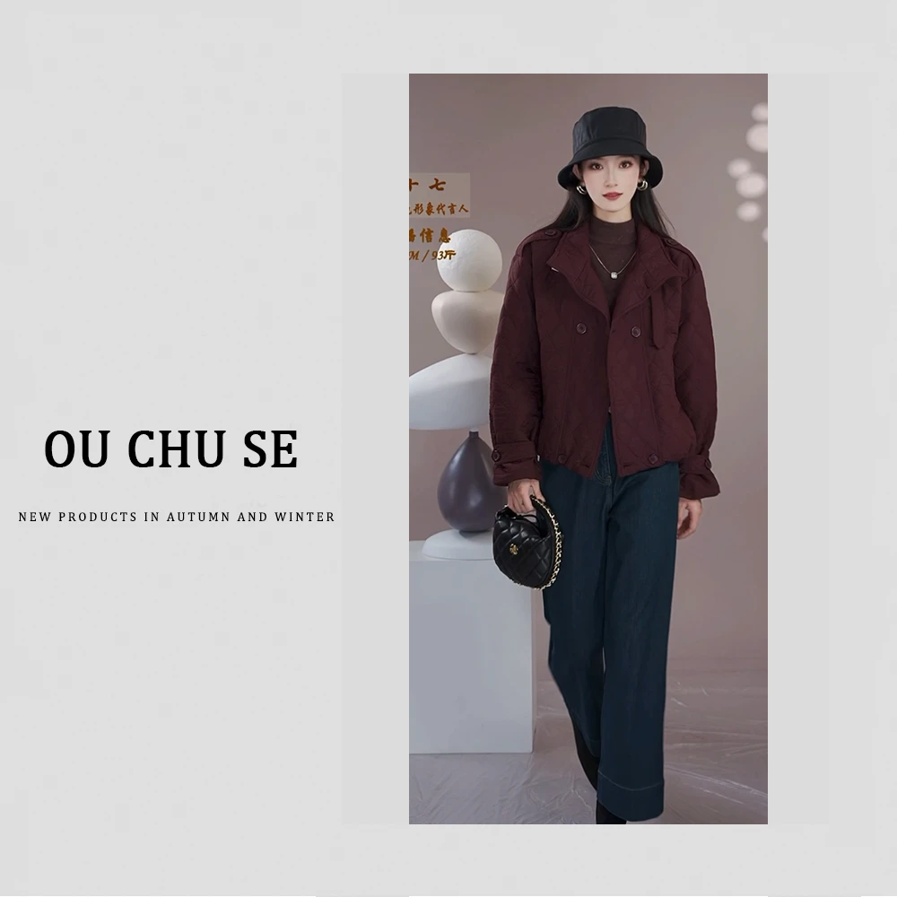 菱形格轻薄棉衣女短款2024秋冬小个子宽松机车双排扣立领棉服外套