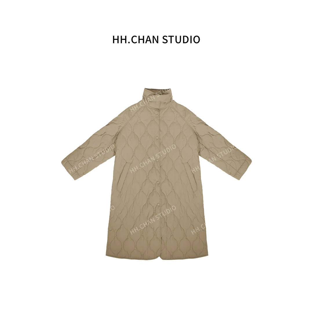 HH.CHAN“轻装上阵”100%棉高定卡其菱格立领长款风衣棉服HH-6544