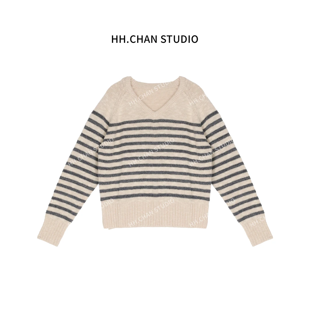 HH.CHAN“阿尔卑斯”高定羊毛重工纹理条纹V领杏色毛衣HH-6853