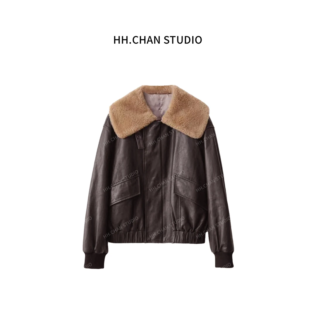 HH.CHAN“机车酷够“100%牛皮机车风棕色咖色短款外套