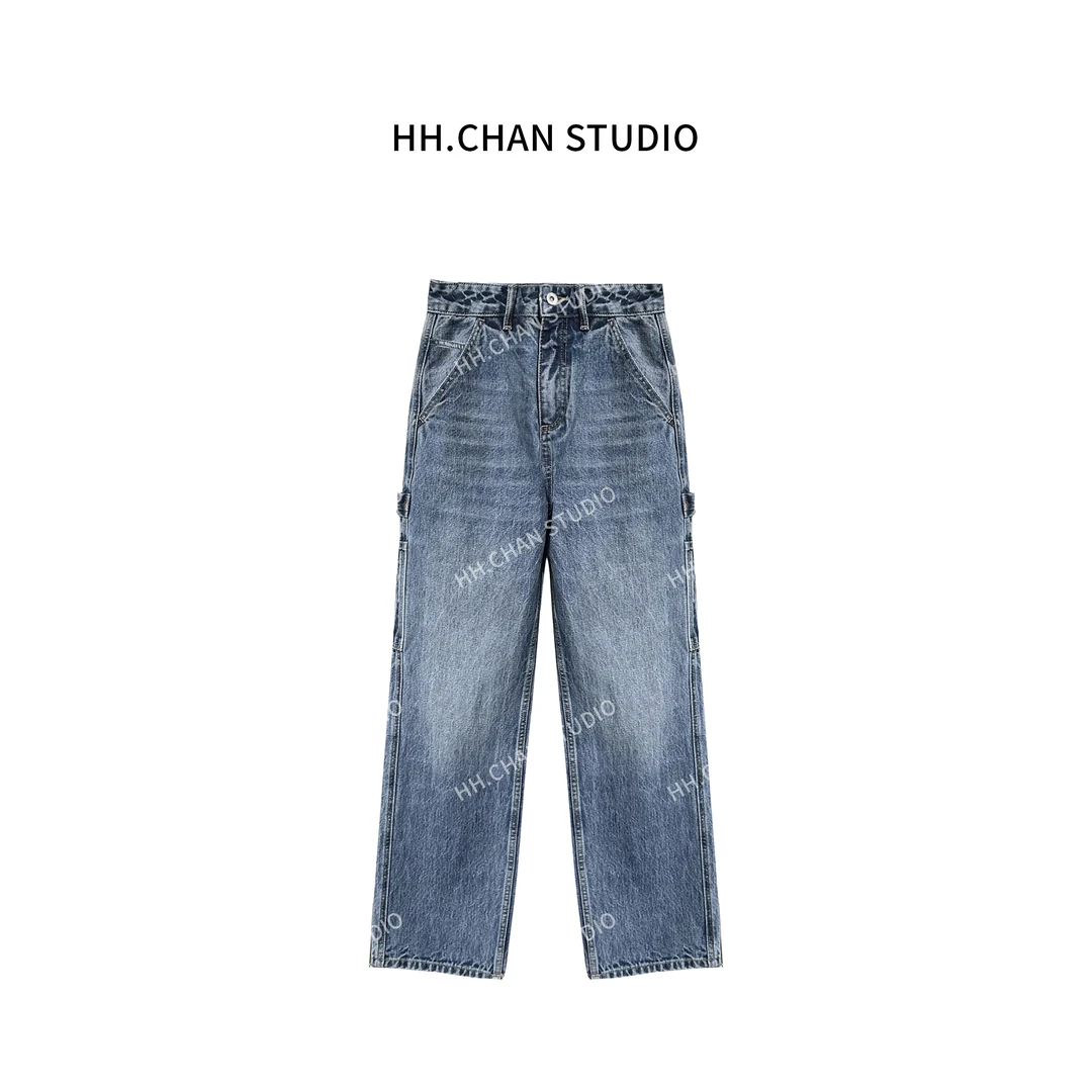HH.CHAN“耳朵牛仔”100%棉高定设计款特调蓝直筒四季牛仔裤HH-6692