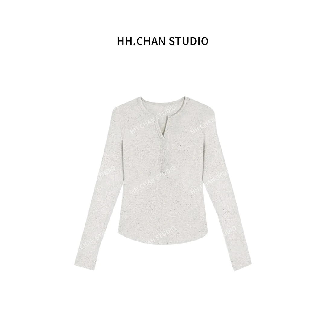 HH.CHAN“精致打底”高定超舒花纱棉米白灰V领打底衫绒慕斯羊