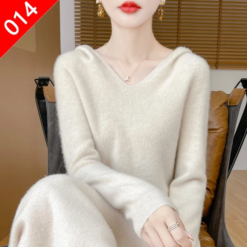 秋冬新款高档100纯羊毛女连帽衫百搭宽松V领洋气打底衫DR-014