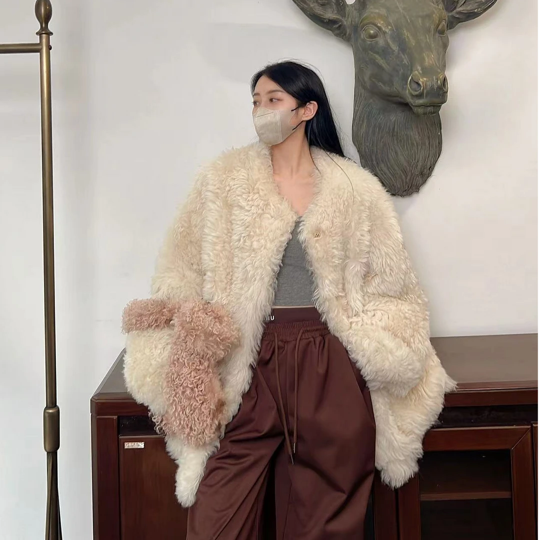 HERDERS "泡芙小绵羊"桔粉色高顶轻奢网红托斯卡纳皮草外套 40459