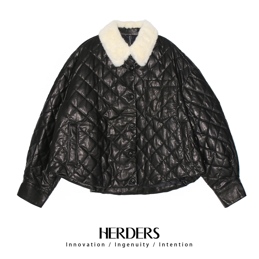 HERDERS 黑色时尚设计款皮鹅绒服冬季新款短款外套保暖 30809