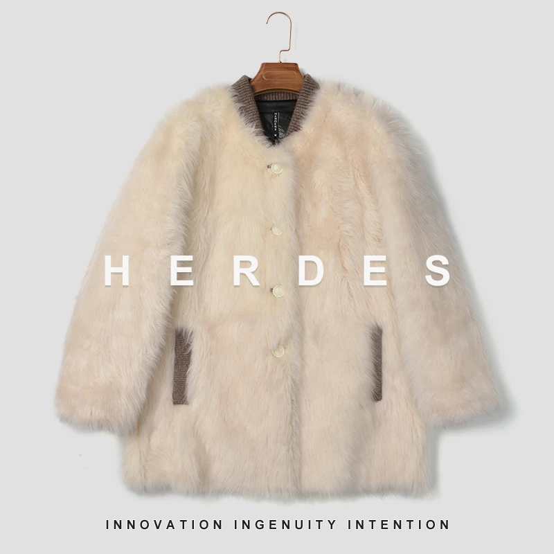 HERDERS 短款V领纽扣款女士皮毛一体外套 40520