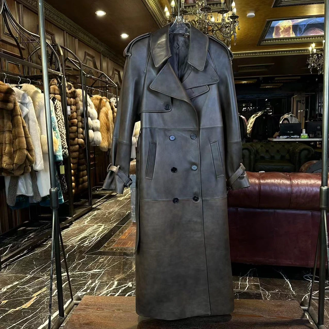 HERDERS 复古棕色时尚潮流真皮长款设计款外套30569