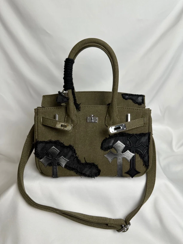 2023新款手工破旧贴布十字架牛仔百搭小斜挎手提包黑绿