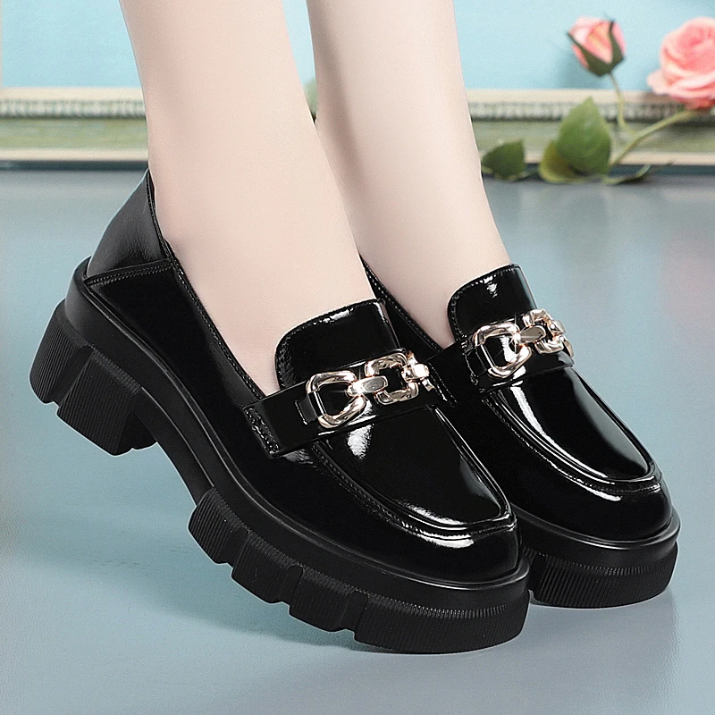 厚底乐福鞋软底软面百搭粗跟圆头春秋单鞋时尚松糕英伦风皮鞋