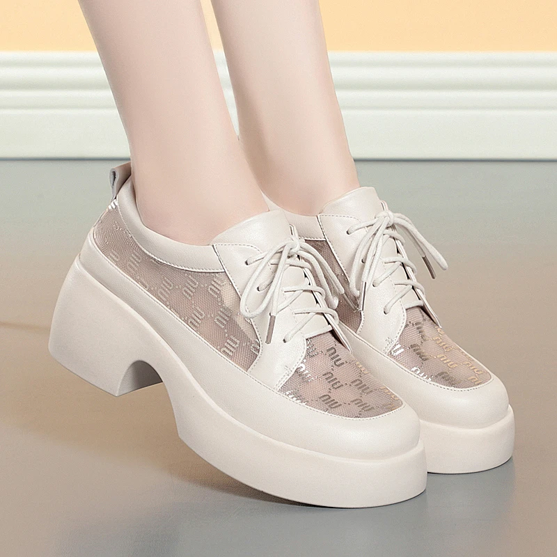 网纱乐福鞋女夏季新款百搭软底圆头高跟时尚皮鞋厚底松糕鞋