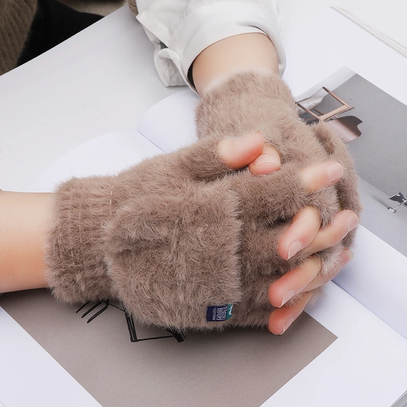 毛绒手套女冬季保暖学生露指头翻盖手套户外手套加厚防寒网红