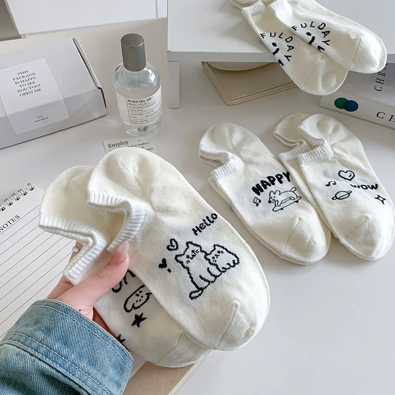 白色可爱隐形袜棉袜夏季薄款袜子女浅口船袜卡通防滑不掉跟短袜
