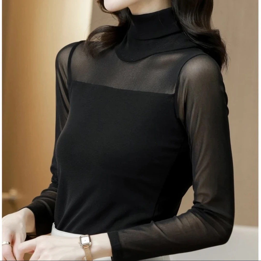 2024秋季高领网纱打底衫女时髦修身内搭长袖纯色女装T恤性感上衣