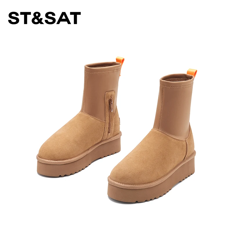 St&Sat/星期六真皮羊毛雪地靴女2025冬季新款优雅风中筒保暖棉靴