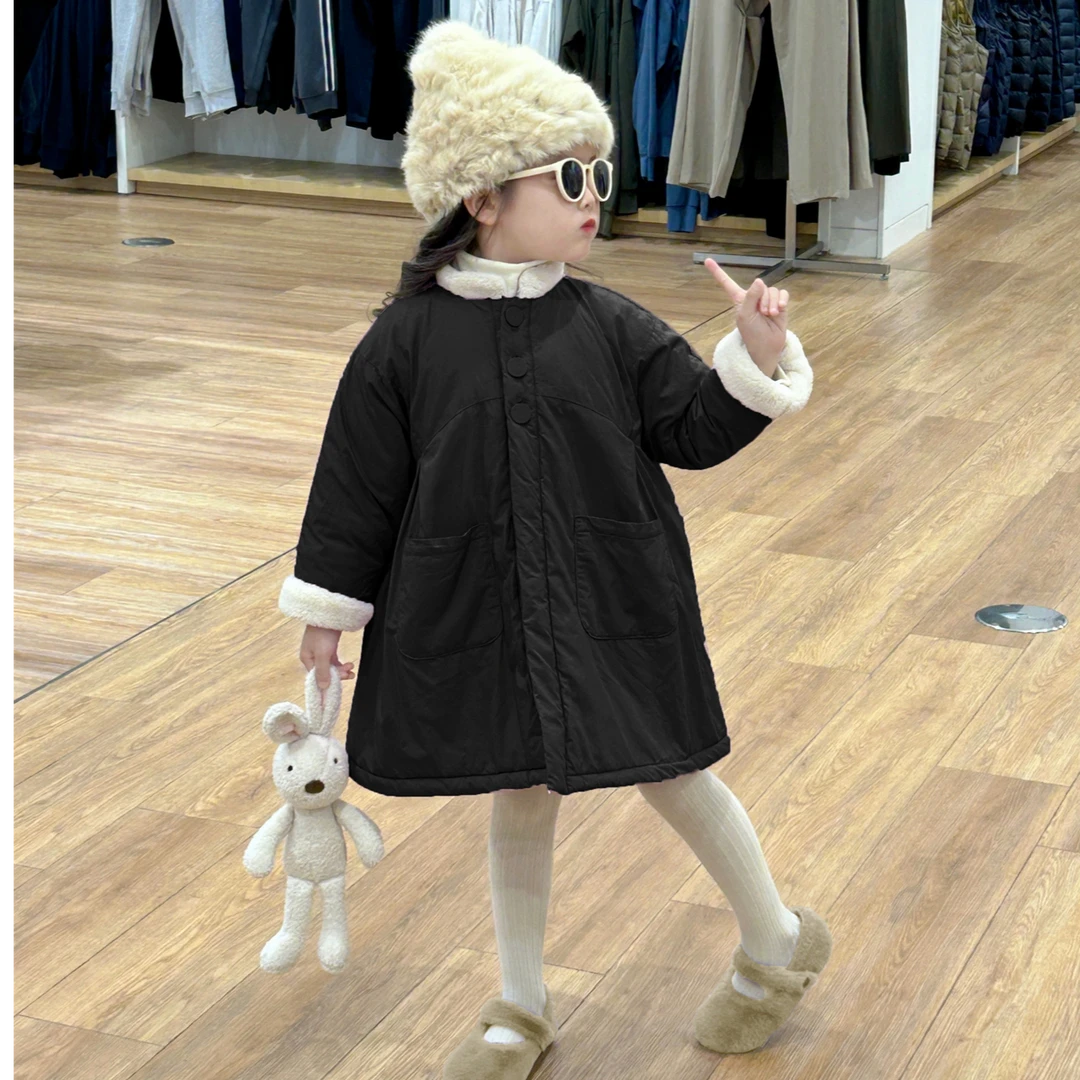 女童棉衣中长款覆棉加绒2024冬季新款韩版女宝宝洋气百搭黑色外套