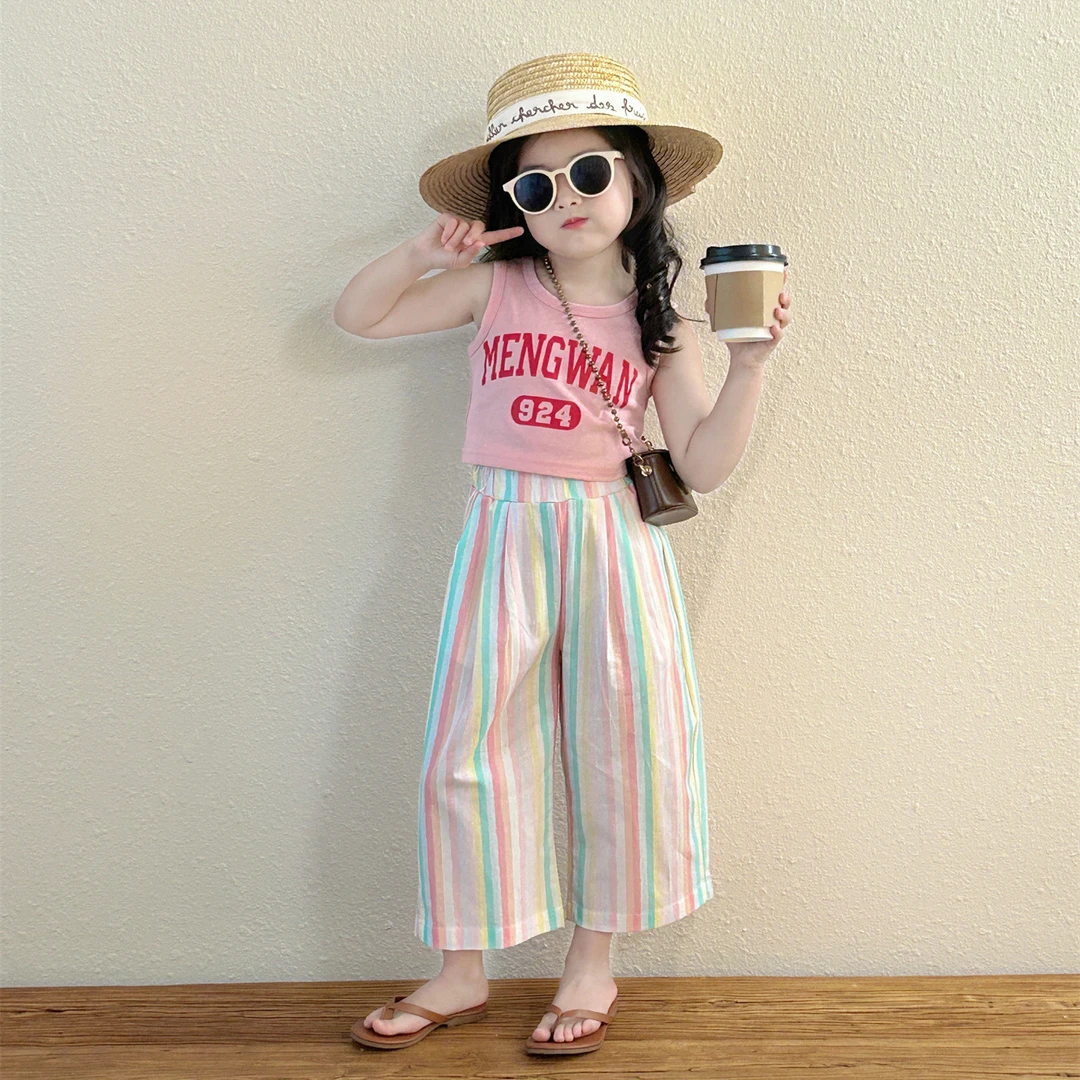 女童辣妹字母短款背心2025夏季彩色条纹沙滩度假九分休闲裤套装
