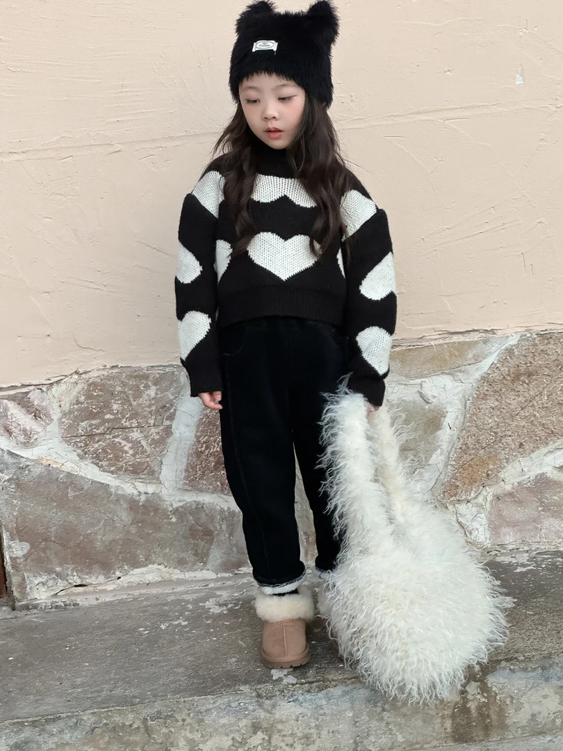 2024冬季毛衣套装女童加绒牛仔裤儿童加厚羊羔绒休闲裤宝宝萝卜裤