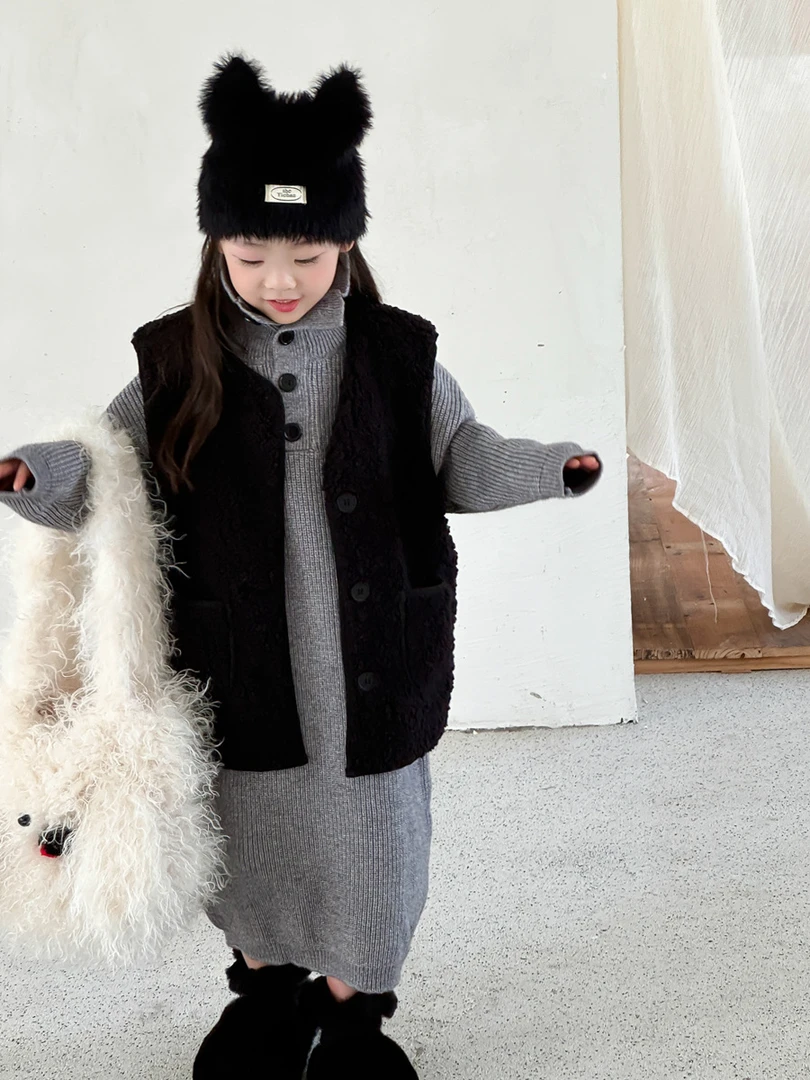 2024儿童长款毛衣套装女童灰色慵懒风针织裙韩系加厚长过膝毛衣裙