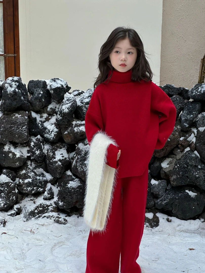 【红栗子】冬季儿童高领针织衫阔腿裤套装女童新年保暖毛衣两件套